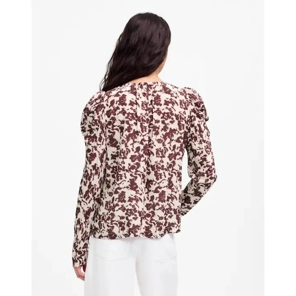 Madewell Draped Tie-Front Top XXS Chocolate Raisin Floral‎ Puff Sleeve